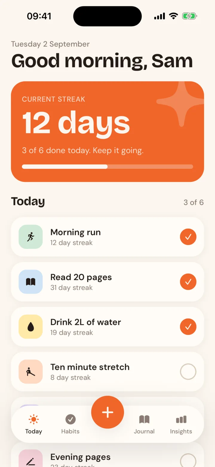 Nook today screen: a twelve-day streak card and a checklist of habits